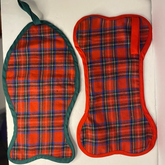Lot Of 2 Pet Christmas Stocking Dog Bone Cat Fish Tartan Plaid Shape Hanging Foo - Picture 2 of 10